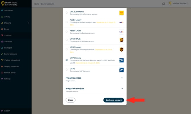 IS - Carrier Accounts - USPS Legacy Configure Button