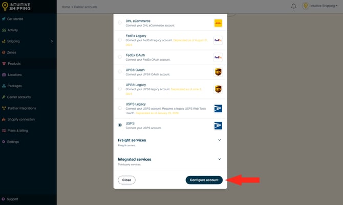 IS - Carrier Accounts - USPS OAuth Configure Button