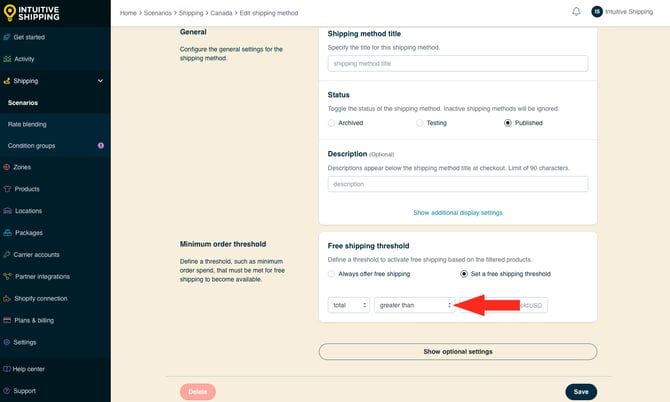 IS - Custom Shipping Method - Free Shipping Method Threshold Operator