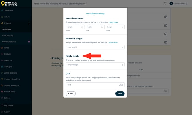 IS - Custom Shipping Method - Package-Based Add Package Empty Weight