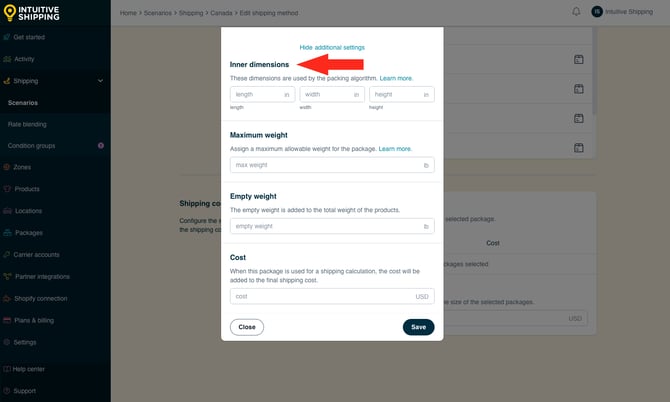 IS - Custom Shipping Method - Package-Based Add Package Inner Dims