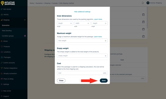 IS - Custom Shipping Method - Package-Based Add Package Save