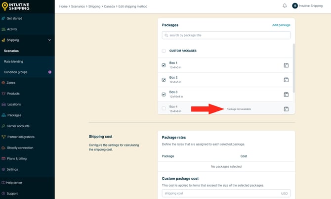 IS - Custom Shipping Method - Package-Based Custom Packages Not Available