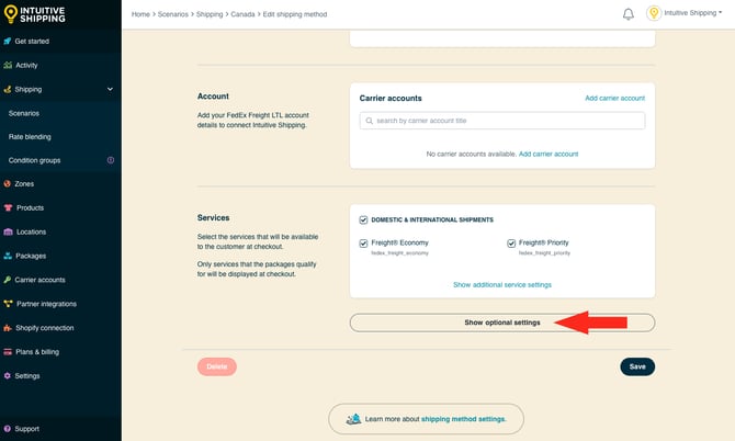 IS - Freight Service Shipping Method - Show Optional Settings