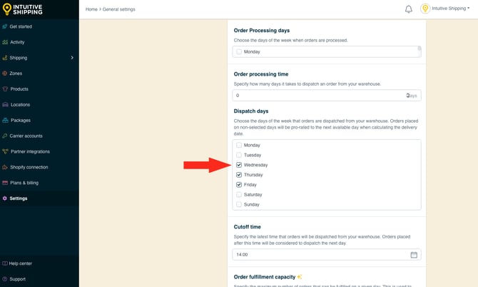 IS - General Settings - Dispatch Days