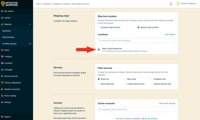 IS - Integrated Service Shipping Method - Select Shipping Origin Location