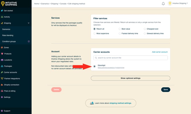 IS - Integrated Service Shipping Method - Select Starshipit Account