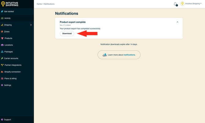 IS - Notifications - Download Product Export