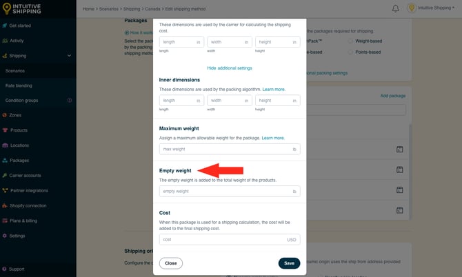 IS - Parcel Service Shipping Method - Add Package Empty Weight