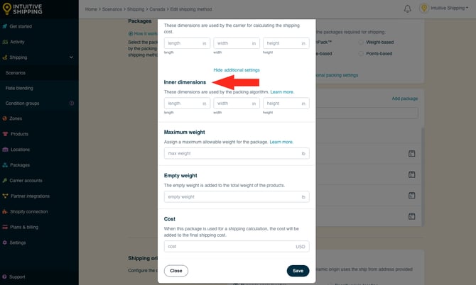 IS - Parcel Service Shipping Method - Add Package Inner Dimensions