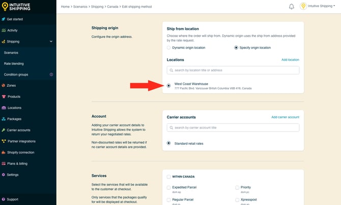 IS - Parcel Service Shipping Method - Select Shipping Origin Location
