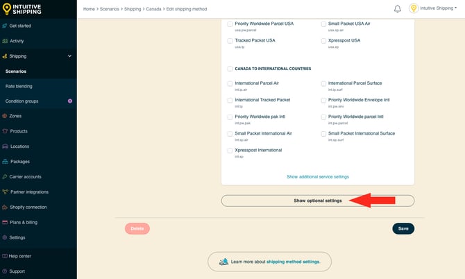 IS - Parcel Service Shipping Method - Show Optional Settings
