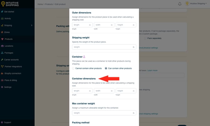 IS - Products - Add Product Piece Container Dimensions
