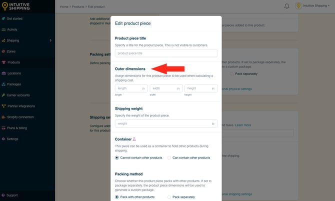 IS - Products - Add Product Piece Outer Dims