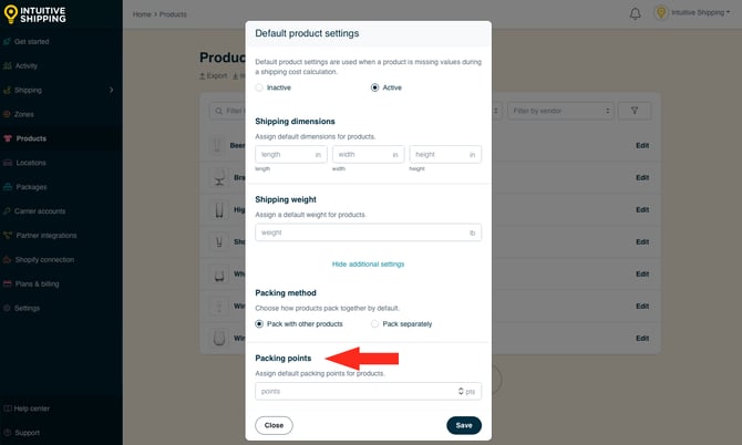 IS - Products - Default Settings Packing Points