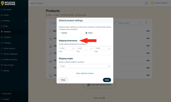 IS - Products - Default Settings Shipping Dimensions