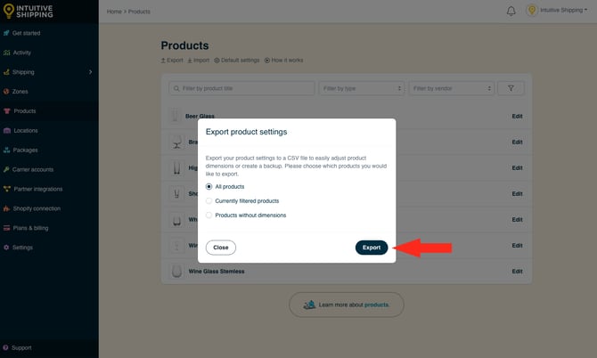 IS - Products - Export Product Settings Button