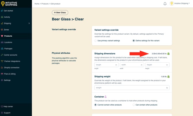IS - Products - Variant Shipping Dimensions from Metafields
