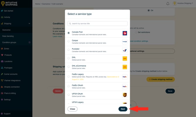 IS - Scenarios - Select Canada Post Parcel Service Next