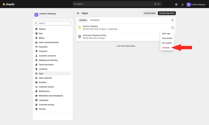 IS - Shopify - Apps Uninstall Intuitive Shipping