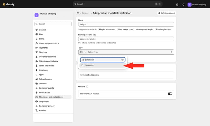 IS - Shopify - Height Metafield Type Dimension