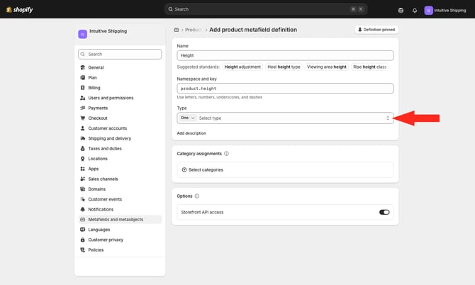 IS - Shopify - Height Metafield Type