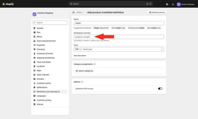 IS - Shopify - Name Height Metafield Identifier