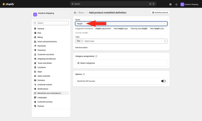 IS - Shopify - Name Height Metafield