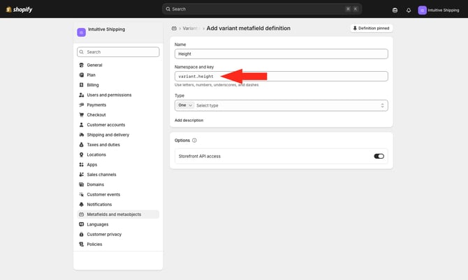 IS - Shopify - Name Variant Height Metafield Identifier