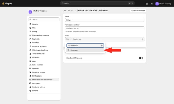 IS - Shopify - Variant Height Metafield Type Dimension
