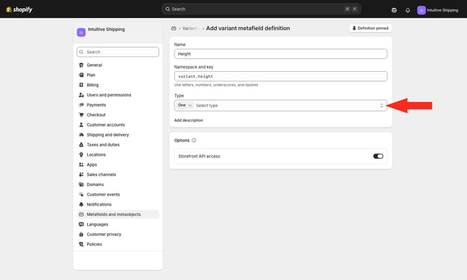 IS - Shopify - Variant Height Metafield Type