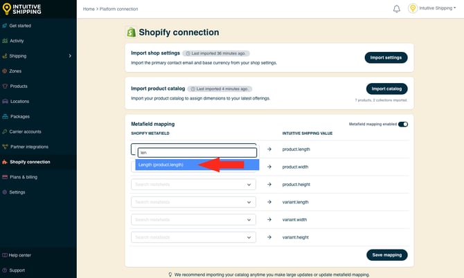 IS - Shopify Connection - Length Metafield Select