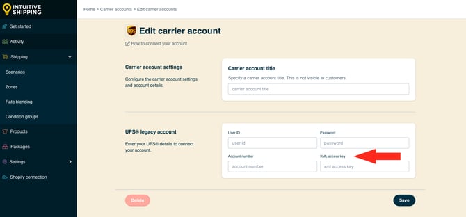 IS HS Carrier Accounts - Edit UPS Legacy XML Access Key