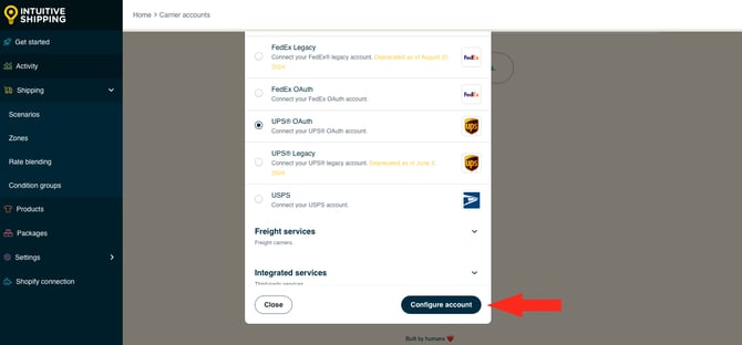 IS HS Carrier Accounts - Select UPS OAuth Configure Account