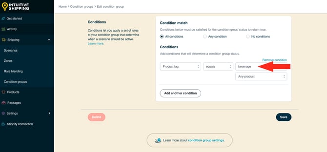 IS HS Condition Group - Condition Value Product Tag Equals Beverage