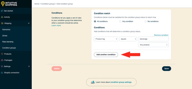 IS HS Condition Groups - Add Another Condition - With Product Tag Equals Beverage Any