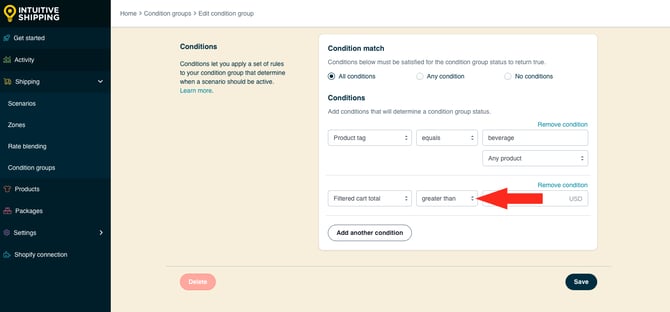IS HS Condition Groups - Add Condition Logic Filtered Cart Total Greater Than