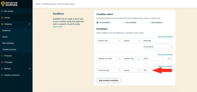 IS HS Condition Groups - Add Third Condition Value Customer Tag Equals VIP