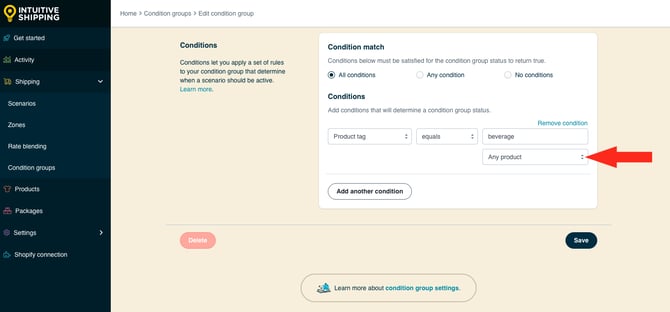 IS HS Condition Groups - Additional Product Setting Any - Product Tag Equals Beverage
