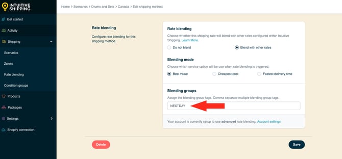 IS HS FedEx Overnight Shipping - Rate Blending - Edit Blending Group Tag Nextday