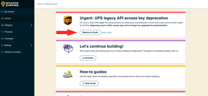 IS HS Get Started - UPS Migration Card Migrate Button