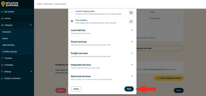 IS HS Scenarios -  Create Scenario - Select Free Shipping Next Button