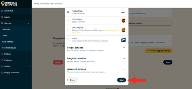 IS HS Scenarios -  Create Shipping Method Select FedEx Next