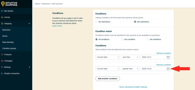 IS HS Scenarios - Add Condition - Current Date Greater Than Dec 22 Condition Value with Less Than Dec 1