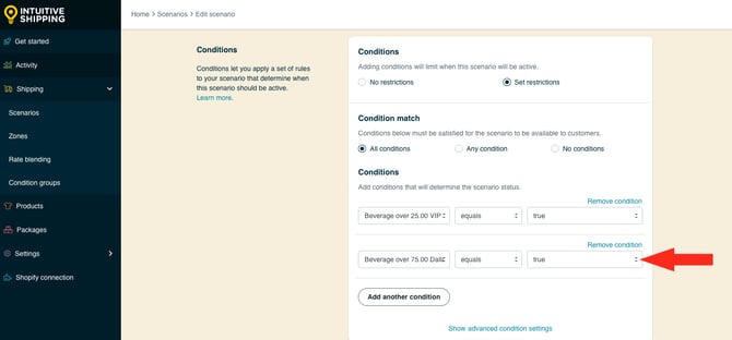 IS HS Scenarios - Beverage Free Shipping - Second Condition Group Beverage Over 75 Dallas Equals True