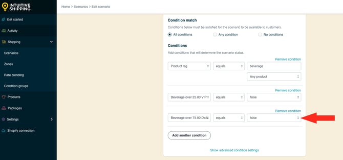 IS HS Scenarios - Beverage Paid Shipping - Second Condition Group Beverage Over 75 Dallas Equals False