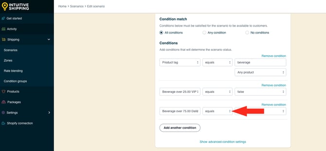 IS HS Scenarios - Beverage Paid Shipping - Second Condition Group Beverage Over 75 Dallas Equals