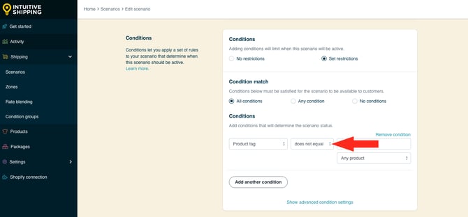 IS HS Scenarios - Condition Logic -  Product Tag Does Not Equal