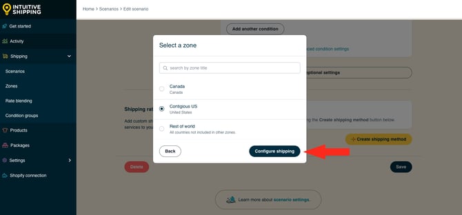 IS HS Scenarios - Create Scenario - Select Configure Shipping Button Contigious US