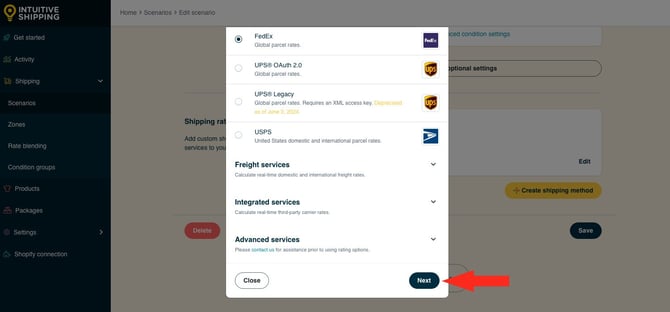 IS HS Scenarios - Create Shipping Method Select FedEx Next